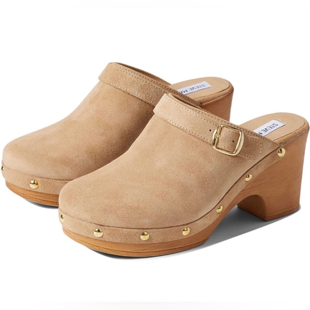 STEVE MADDEN Klicky taupe suede studded clogs women 8 US